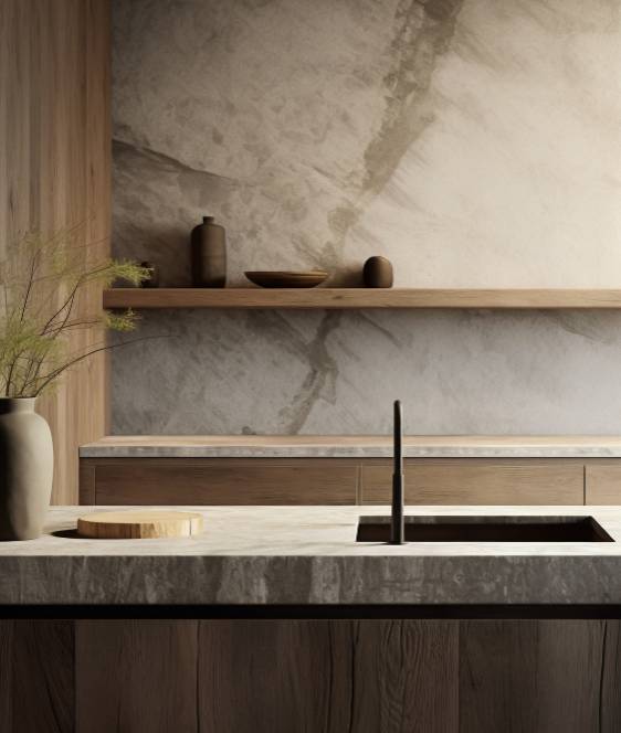 Cucina con parete e piano in marmo dalle venature marcate